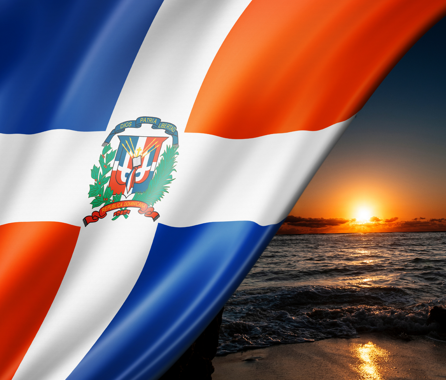Dominican draped flag with evening sunset